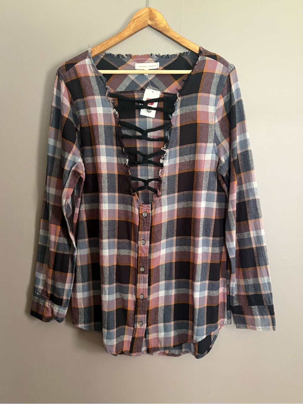 NWT Gilded Intent Plaid Lace-Up Button Front Top Size Medium